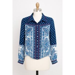 Hale Bob Womens‎ Silk Top Size XS Blue Paisley Patchwork Boho Luxe Indie